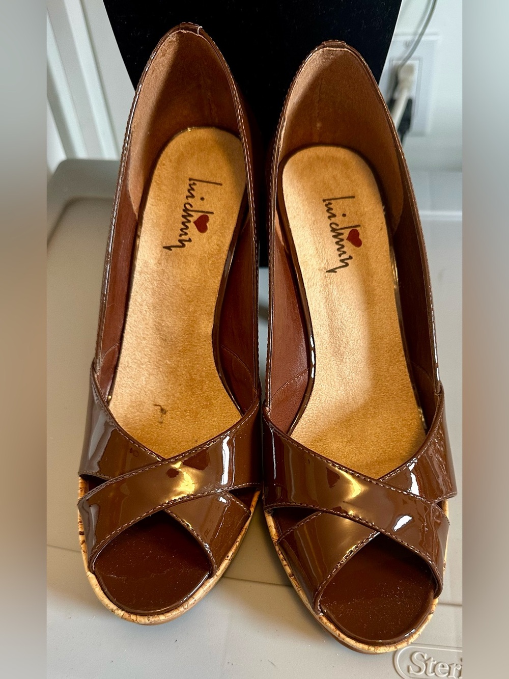 Brown Patent Peep-Toe Wedges With Cork Like Heels